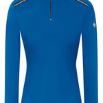 Descente Women's Dallas Top 2023 - A royal blue top with a high collar and silver zipper down the front.