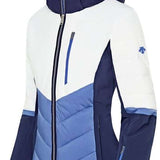 Descente Women's Iris Insulated Jacket 2024 - A white and blue jacket with a hood, featuring a zipper down the front.