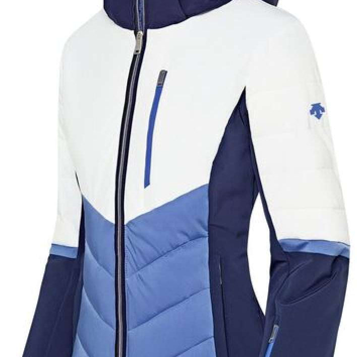 Descente Women's Iris Insulated Jacket 2024 - A white and blue jacket with a hood, featuring a zipper down the front.