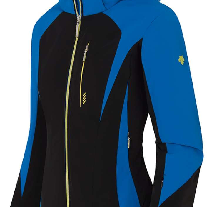 Descente Women's Lily Insulated Jacket 2023 - A black and blue ski jacket with a hood, featuring yellow zipper pulls and a small yellow logo on the left sleeve.