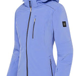 Descente Women's Maisie Insulated Jacket 2024 - A light blue jacket with a hood, featuring two zippered pockets on the front and a black zipper running down the middle.