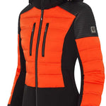 Descente Women's Rozetta Down Jacket - A black down jacket with a fur-lined hood and zippered pockets, featuring a subtle pattern of thin stripes on the sleeves.