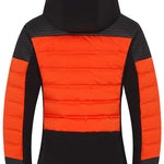 Descente Women's Rozetta Down Jacket 2023 - A black down jacket with a high collar and zippered pockets, featuring a subtle pattern on the sleeves.