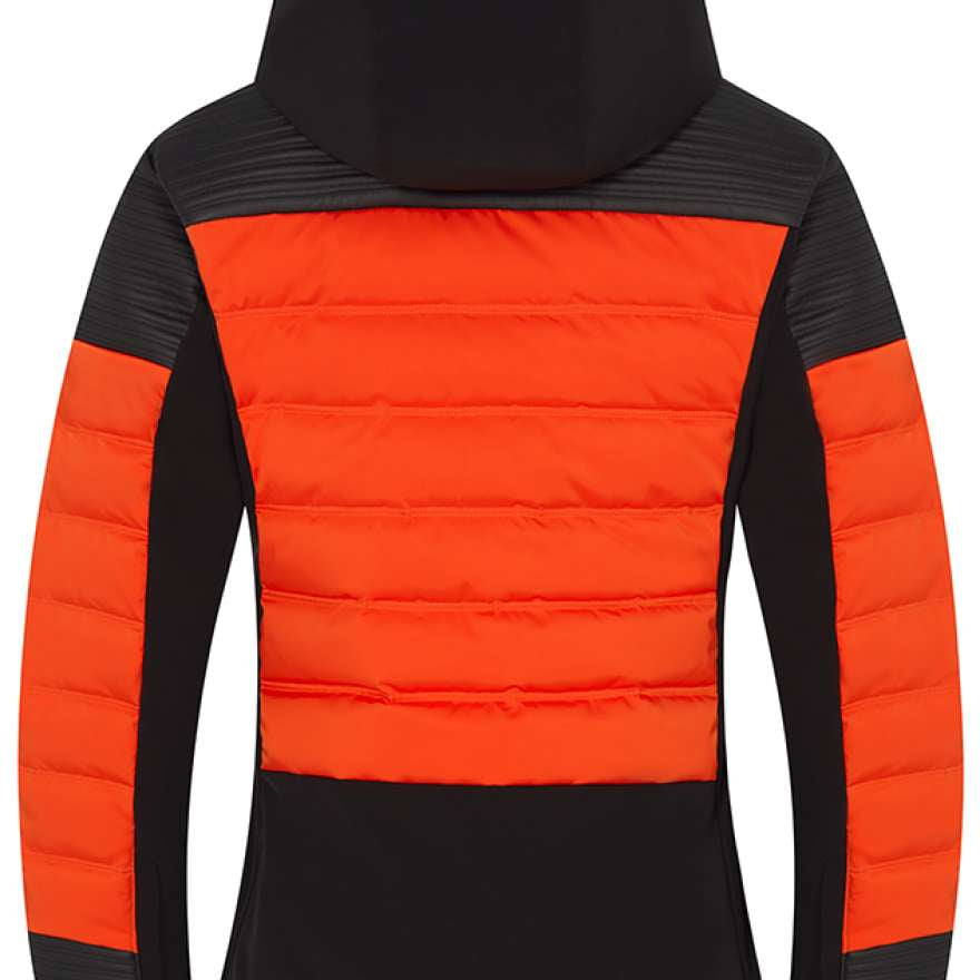 Descente Women's Rozetta Down Jacket 2023 - A black down jacket with a high collar and zippered pockets, featuring a subtle pattern on the sleeves.