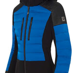 Descente Women's Rozetta Down Jacket - A blue down jacket with a hood, featuring black accents and a zipper closure.