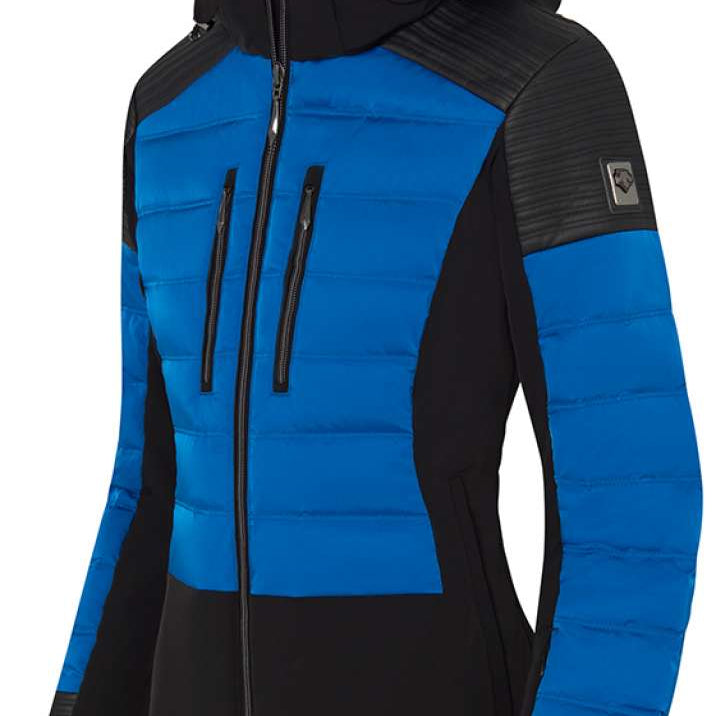 Descente Women's Rozetta Down Jacket - A blue down jacket with a hood, featuring black accents and a zipper closure.