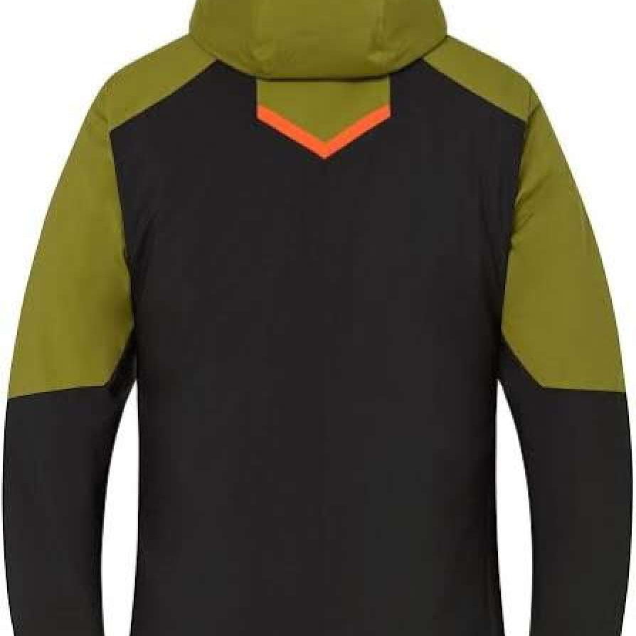 Descente Nick Insulated Jacket 2024 - A black jacket with green shoulders and orange accents on the back collar.