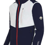 Descente Reign Insulated Jacket 2024 - A navy blue jacket with a white chest panel and red zipper.