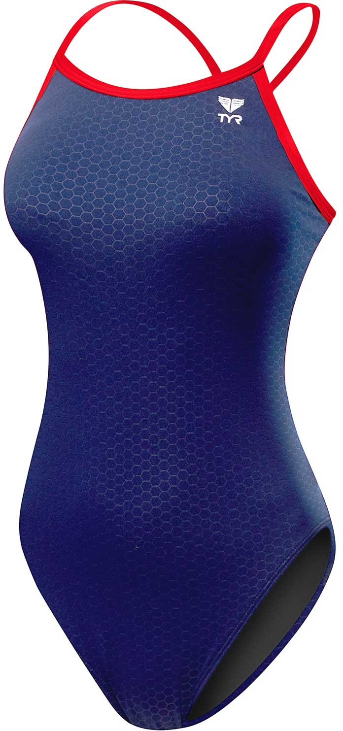 TYR Ladies' Hexa Diamondfit Swimsuit - A navy blue swimsuit with a honeycomb pattern and red trim around the armholes, straps, and leg openings.