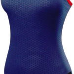 TYR Ladies' Hexa Diamondfit Swimsuit - A navy blue swimsuit with a honeycomb pattern and red trim around the armholes, straps, and leg openings.