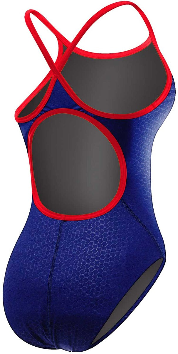 TYR Ladies' Hexa Diamondfit Swimsuit - A blue swimsuit with a diamond pattern and red trim, featuring thin straps that cross over at the back.