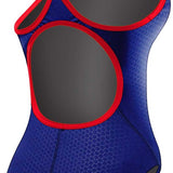 TYR Ladies' Hexa Diamondfit Swimsuit - A blue swimsuit with a diamond pattern and red trim, featuring thin straps that cross over at the back.