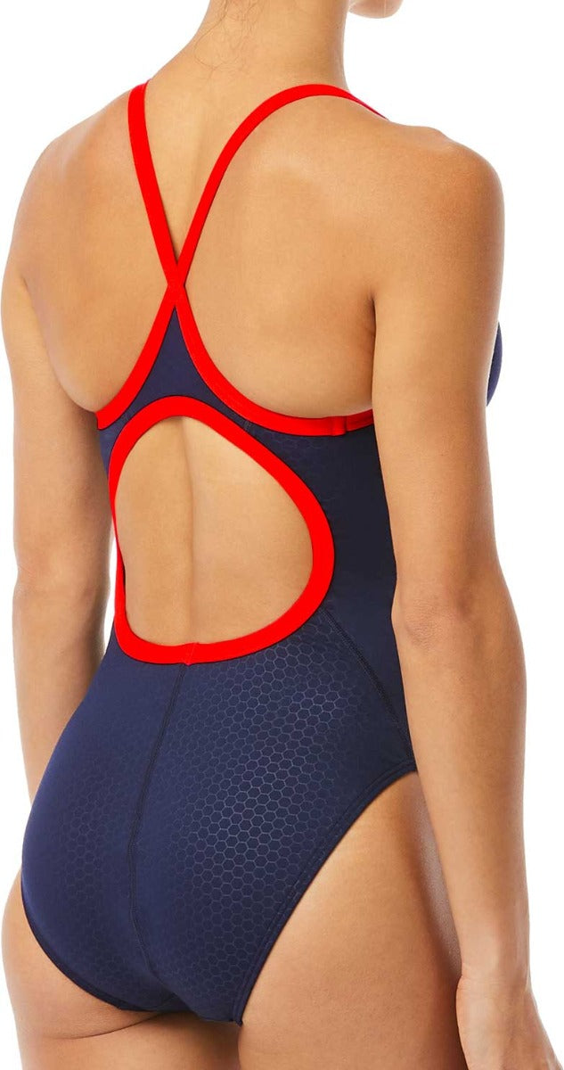 TYR Ladies' Hexa Diamondfit Swimsuit - A navy blue swimsuit with a diamond pattern and red trim around the edges.