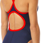 TYR Ladies' Hexa Diamondfit Swimsuit - A navy blue swimsuit with a diamond pattern and red trim around the edges.