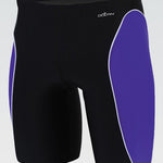 Dolfin Men's Xtra Life Lycra Team Panel Jammer Swimsuit - A black swimsuit with a white logo on the upper left side of the waistband and two vertical white stripes down each leg.