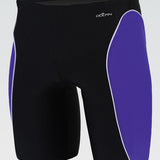 Dolfin Men's Xtra Life Lycra Team Panel Jammer Swimsuit - A black swimsuit with a white logo on the upper left side of the waistband and two vertical white stripes down each leg.