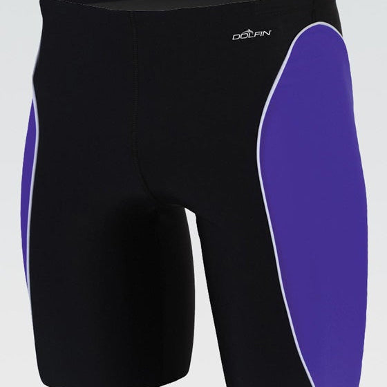 Dolfin Men's Xtra Life Lycra Team Panel Jammer Swimsuit - A black swimsuit with a white logo on the upper left side of the waistband and two vertical white stripes down each leg.