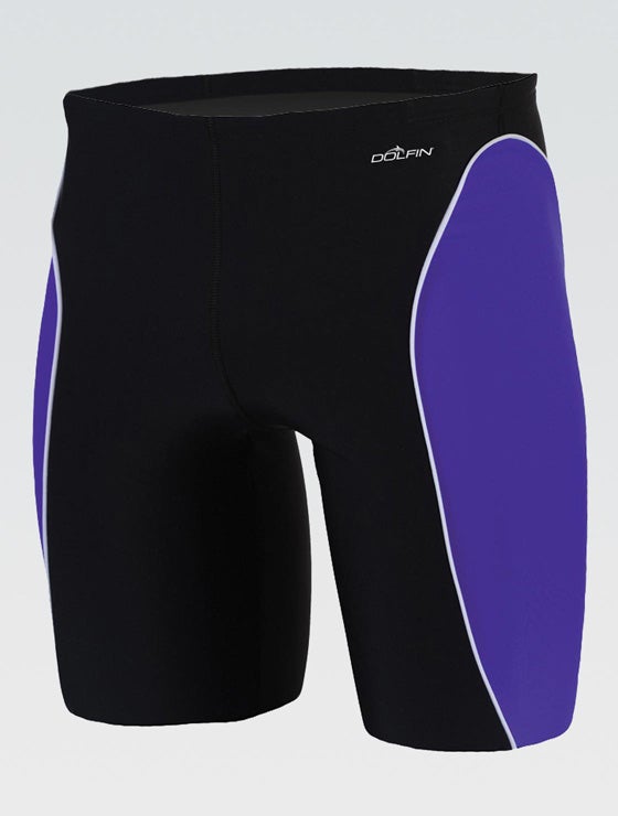 Dolfin Men's Xtra Life Lycra Team Panel Jammer Swimsuit - A black swimsuit with a white logo on the upper left side of the waistband and two vertical white stripes down each leg.