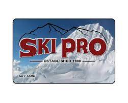 Ski Pro Gift Card - A gift card with "SKI PRO" in red letters, featuring a mountain peak and trees on a light blue background.