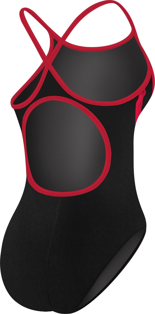TYR Ladies' Alliance Diamondback Splice One-Piece Swimsuit - A black swimsuit with a red and white diamond pattern on the front, featuring thin straps and a high neckline.