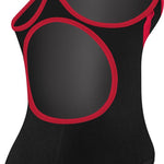 TYR Ladies' Alliance Diamondback Splice One-Piece Swimsuit - A black swimsuit with a red and white diamond pattern on the front, featuring thin straps and a high neckline.