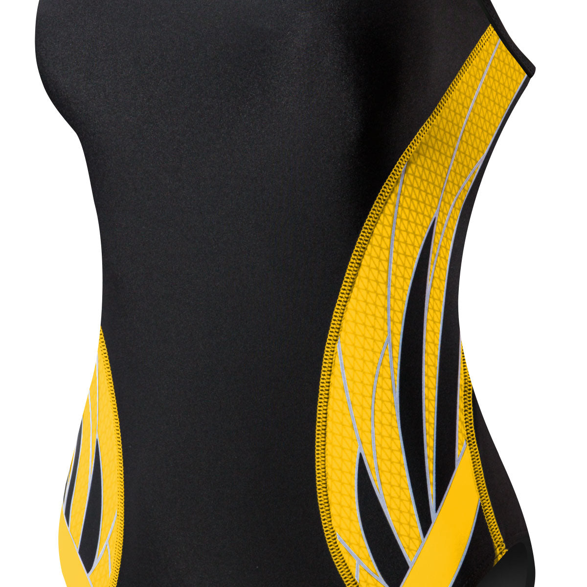 TYR Ladies' Phoenix Splice Diamondfit Swimsuit - A black swimsuit with a diamond pattern in yellow and gray on the sides.