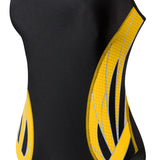 TYR Ladies' Phoenix Splice Diamondfit Swimsuit - A black swimsuit with a diamond pattern in yellow and gray on the sides.