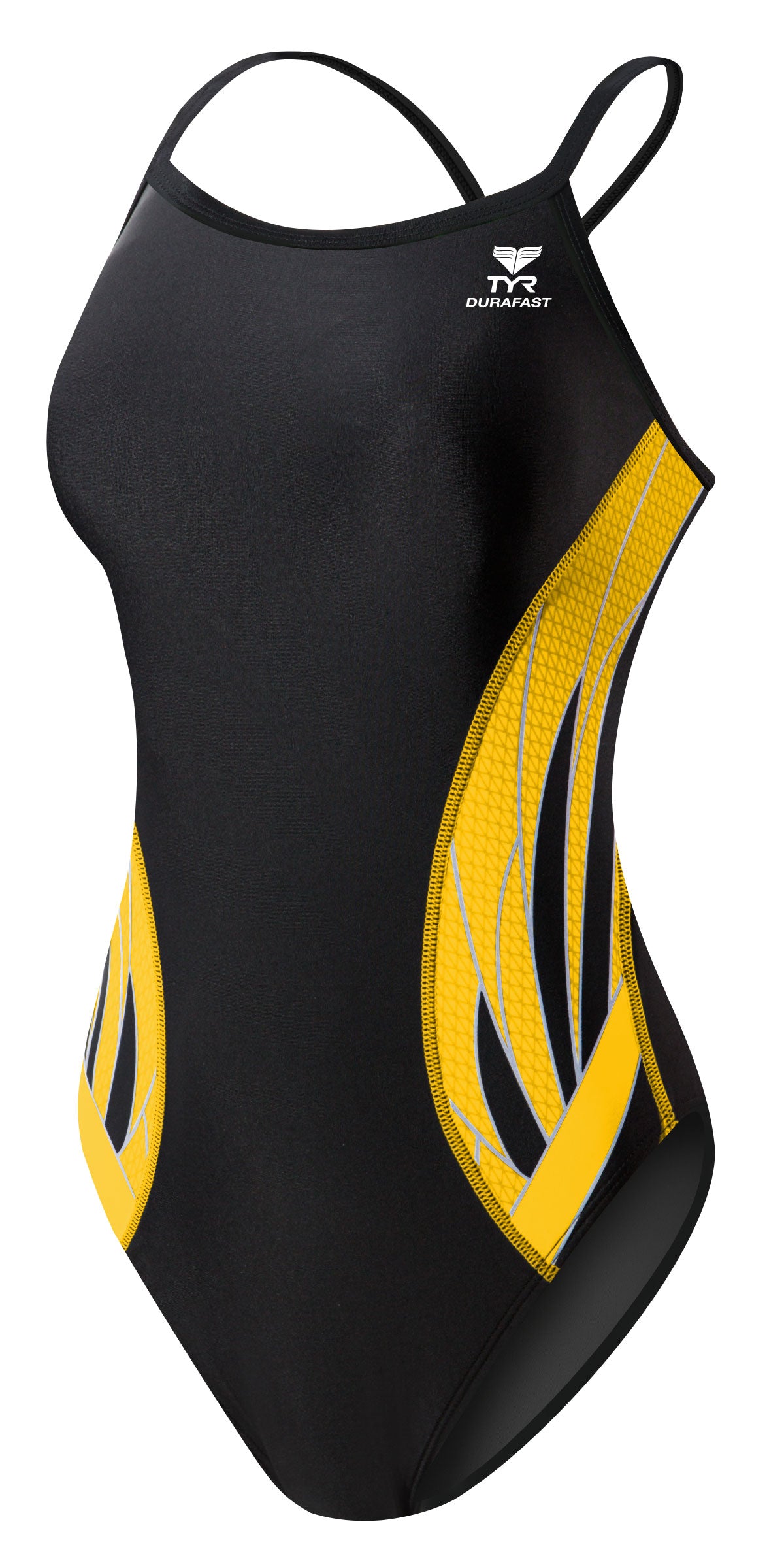 TYR Ladies' Phoenix Splice Diamondfit Swimsuit - A black swimsuit with a diamond pattern in yellow and gray on the sides.