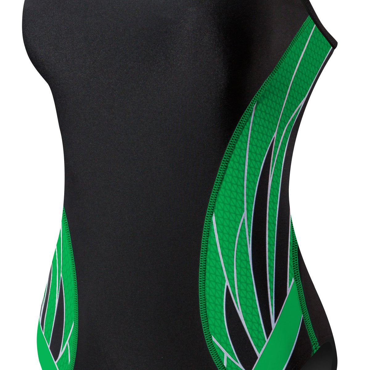 TYR Ladies' Phoenix Splice Diamondfit Swimsuit - A black swimsuit with a green diamond pattern on the sides and back, featuring white lines and accents.
