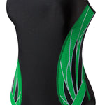 TYR Ladies' Phoenix Splice Diamondfit Swimsuit - A black swimsuit with a green diamond pattern on the sides and back, featuring white lines and accents.