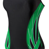 TYR Ladies' Phoenix Splice Diamondfit Swimsuit - A black swimsuit with a green diamond pattern on the sides and back, featuring white lines and accents.