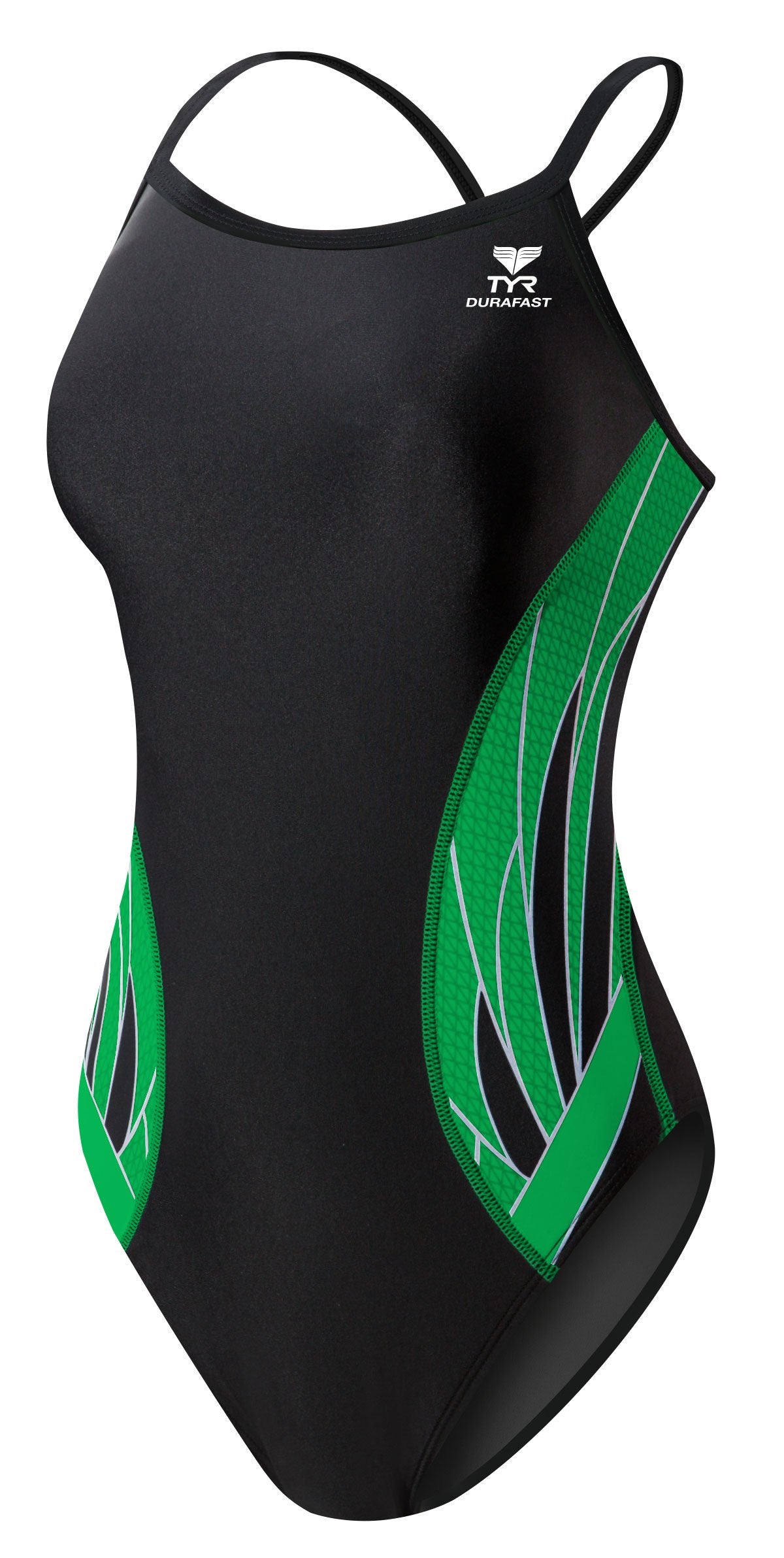 TYR Ladies' Phoenix Splice Diamondfit Swimsuit - A black swimsuit with a green diamond pattern on the sides and back, featuring white lines and accents.