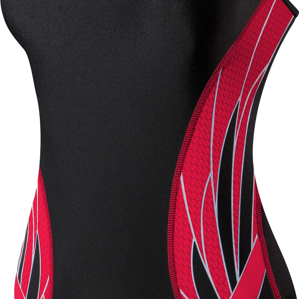 TYR Ladies' Phoenix Splice Diamondfit Swimsuit - A black swimsuit with a red and white diamond pattern on the sides.