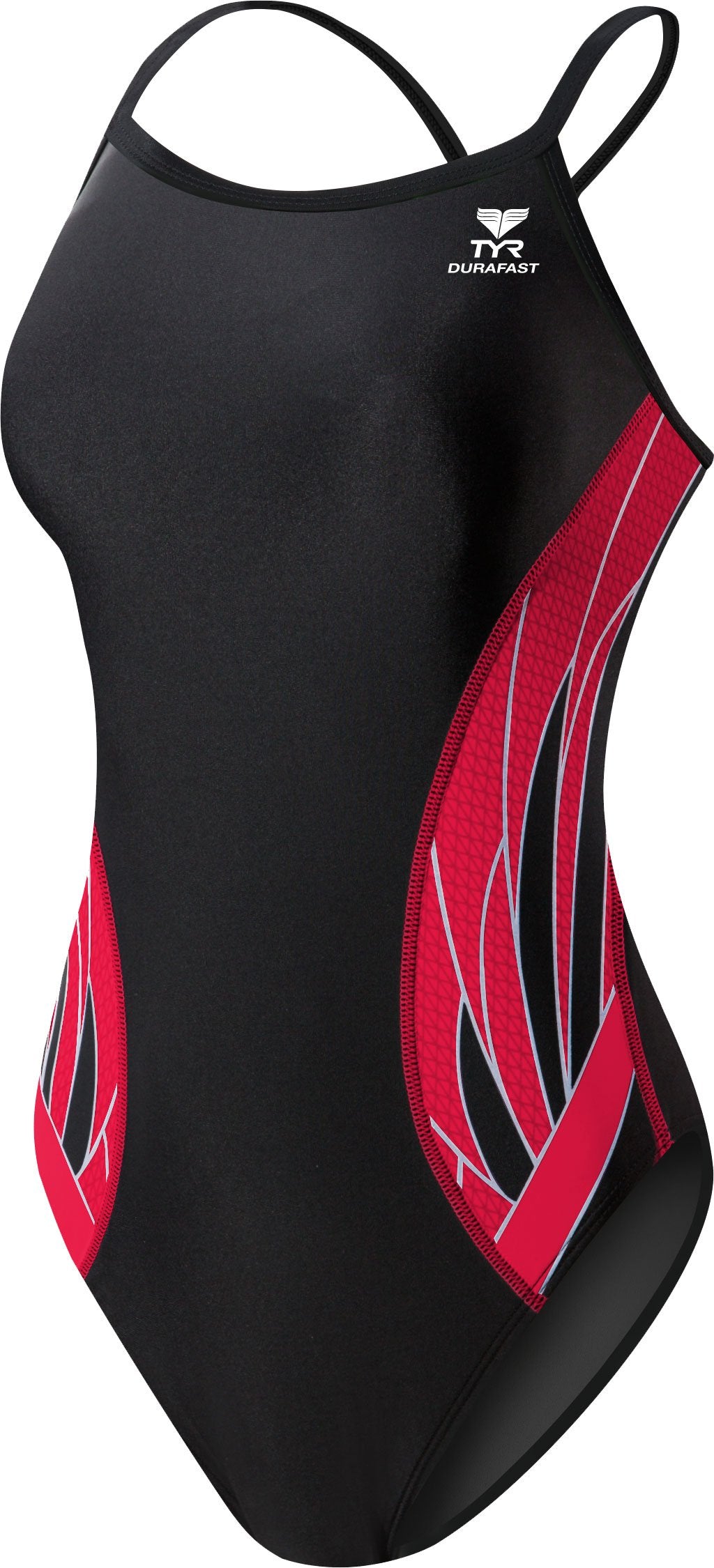 TYR Ladies' Phoenix Splice Diamondfit Swimsuit - A black swimsuit with a red and white diamond pattern on the sides.