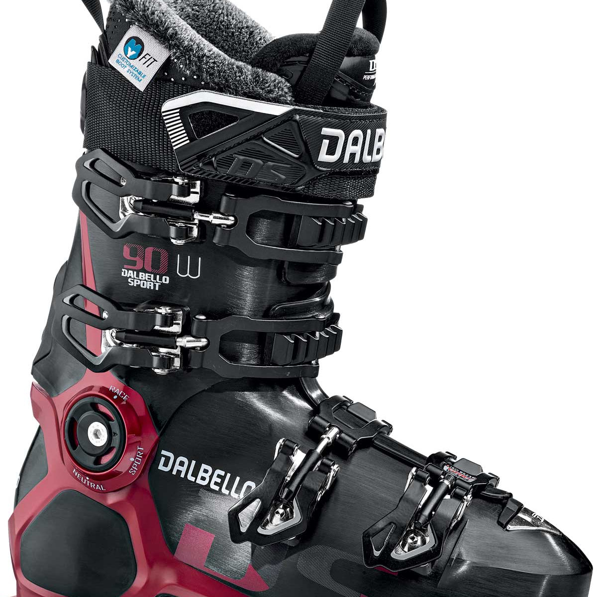 Dalbello Ladies' DS 90 GW Ski Boot 2019-2020 - Black ski boot with white lettering and silver buckles.