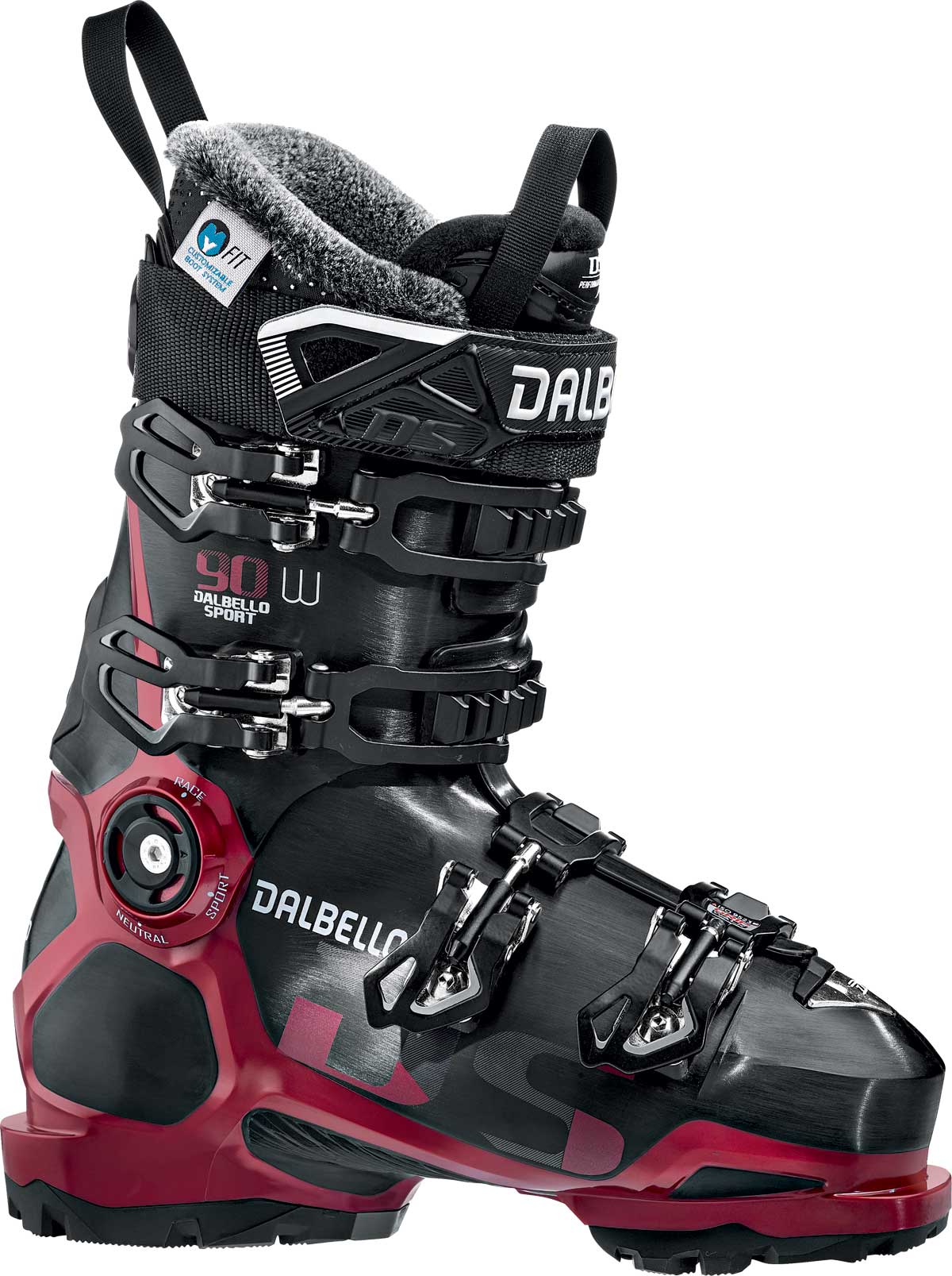 Dalbello Ladies' DS 90 GW Ski Boot 2019-2020 - Black ski boot with white lettering and silver buckles.