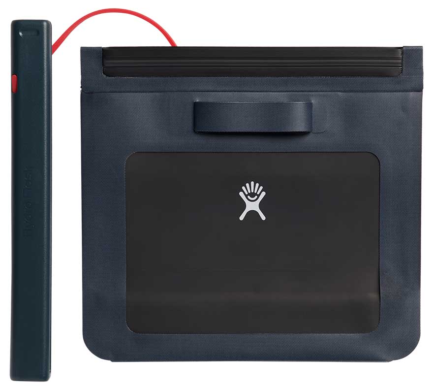 Hydro Flask Medium Dry Storage Bag - A gray dry storage bag with a zippered top and a handle on one side, featuring a white logo of a handprint with lines extending from each finger.