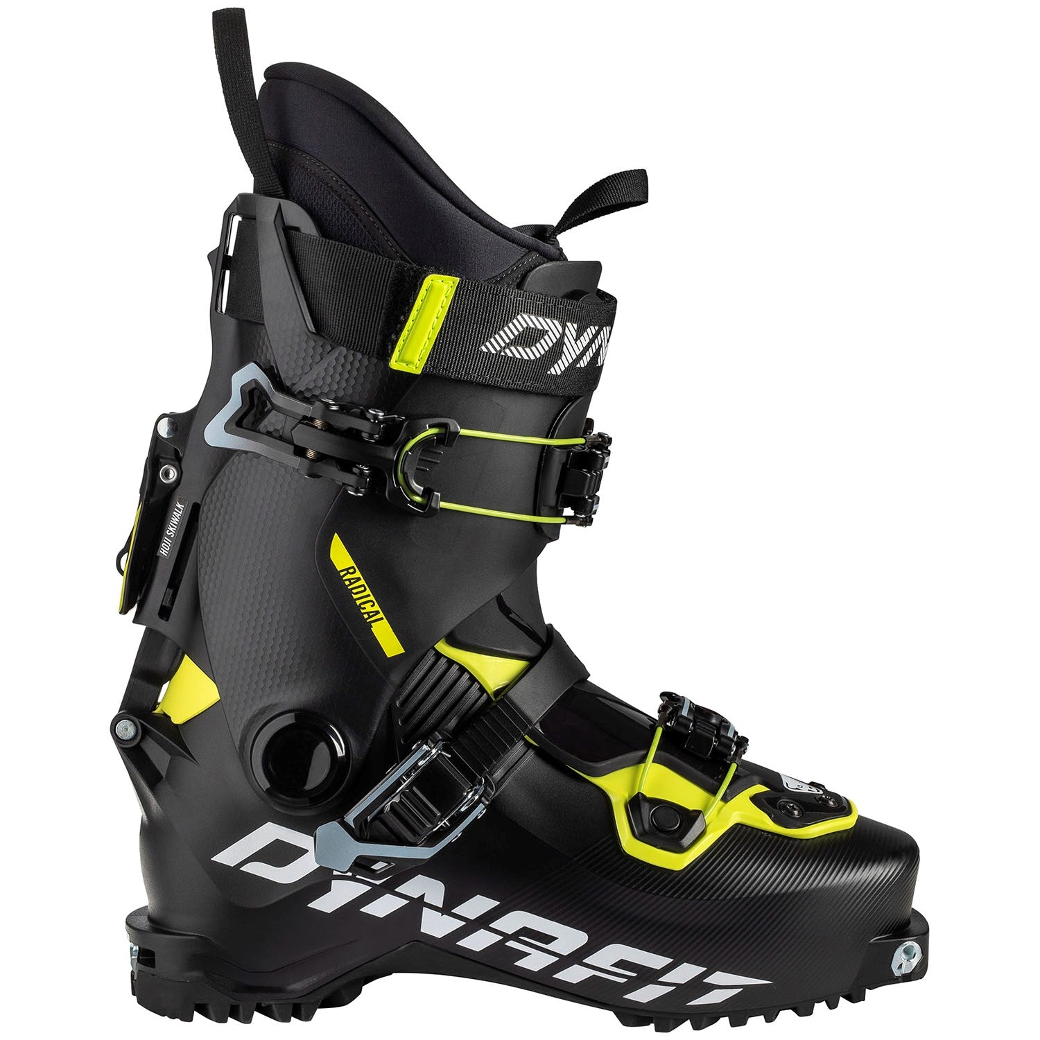 Dynafit Radical 110 - Black ski boot with yellow accents and a textured pattern on the side.