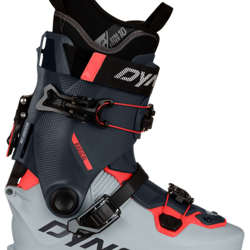 Dynafit Ladies Radical 100 Ski Boots 2024 - A black and red ski boot with a textured pattern on the side, featuring a strap closure system.