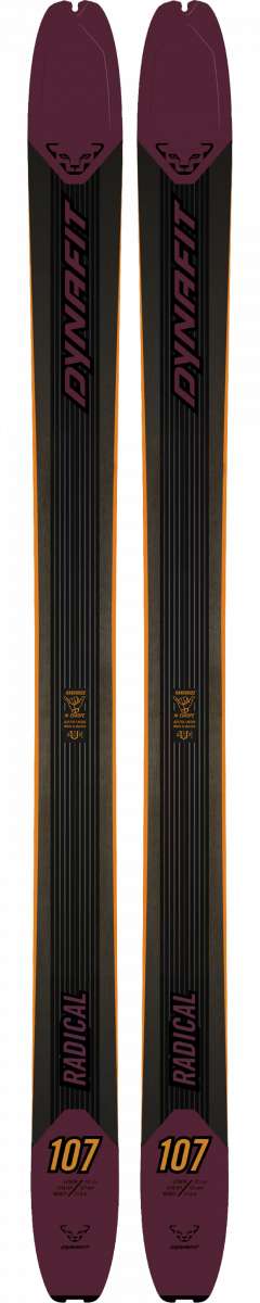Dynafit Radical 107 Skis 2024 - Black skis with yellow and orange accents, featuring a distinctive "Radical" logo on top.