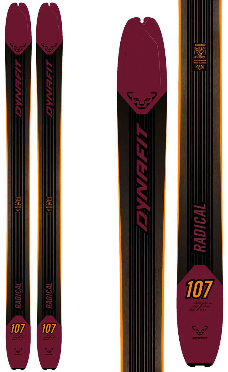 Dynafit Radical 107 Skis 2024 - Black skis with a red logo and lettering, featuring a distinctive black stripe down the middle.