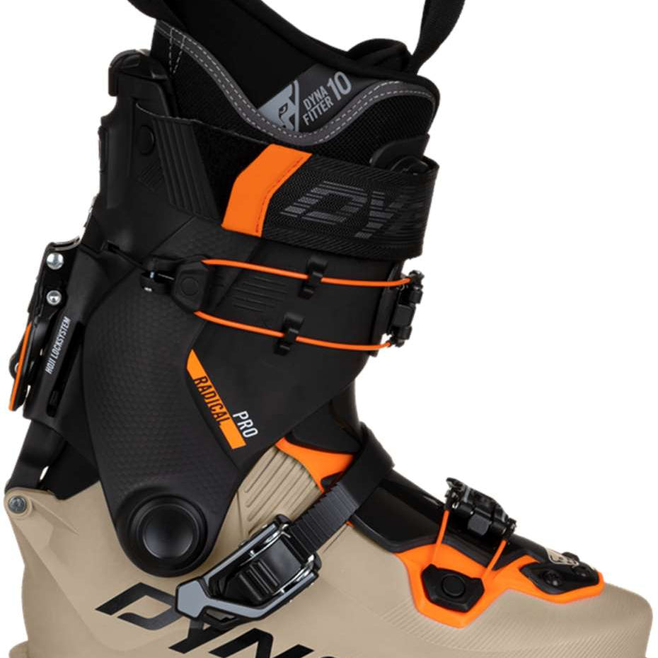 Dynafit Radical Pro 120 Ski Boots 2024 - Black ski boot with orange accents and silver buckles.