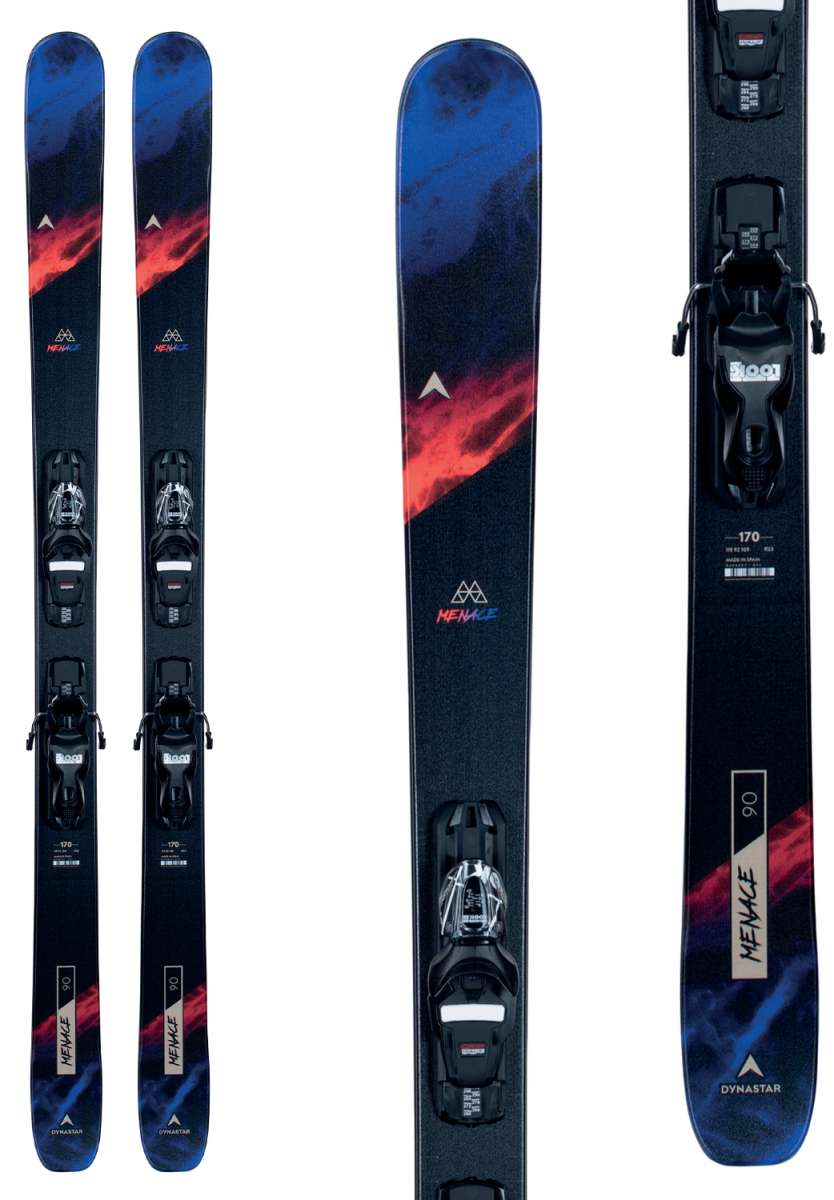Dynastar Menace 90 - Black skis with red and blue diagonal stripes, featuring a white triangle logo at top center.