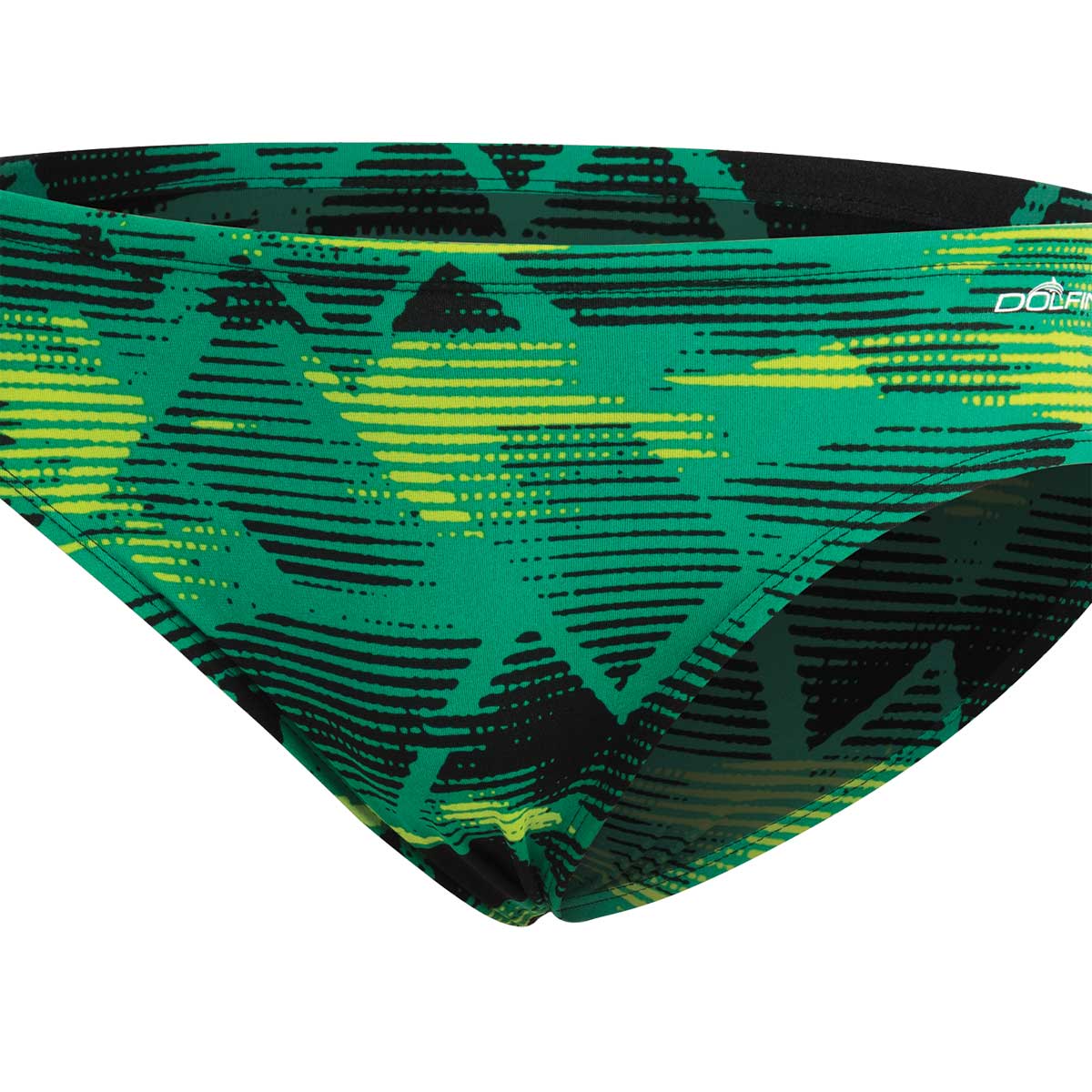 Dolfin Men's Reliance Eclipse All-Over Racer Brief Swimsuit - A green swimsuit with a geometric pattern of yellow and black lines.