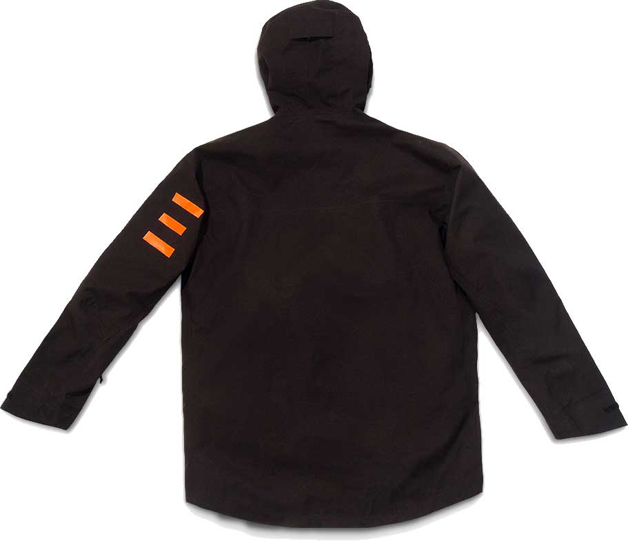 Endeavor Men's 3L Shelter Shell Jacket 2020 - Black jacket with three orange stripes on sleeve.
