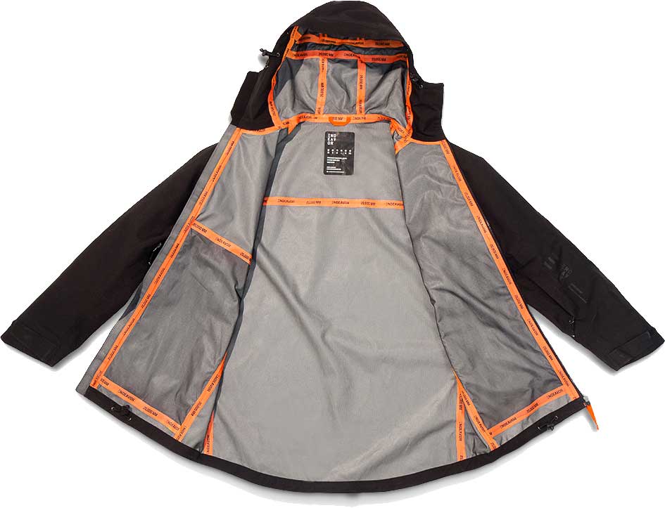 Endeavor Men's 3L Shelter Shell Jacket 2020 - Black waterproof jacket with zippered chest pocket and adjustable cuffs.