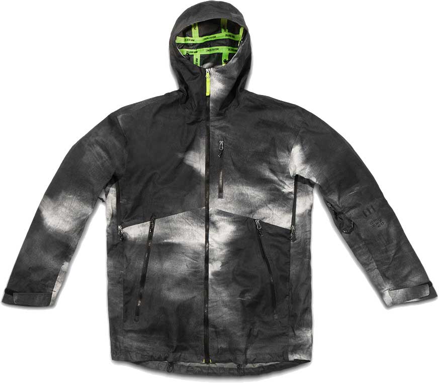 Endeavor Men's 3L Shelter Shell Jacket 2020 - A black jacket with a subtle white pattern and neon green zipper.