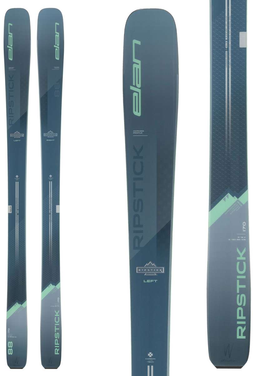 Elan Ladies Ripstick 88 Flat Ski 2023-2024 - A dark blue ski with a light green logo and white lettering on top, featuring a mountain graphic at the bottom.