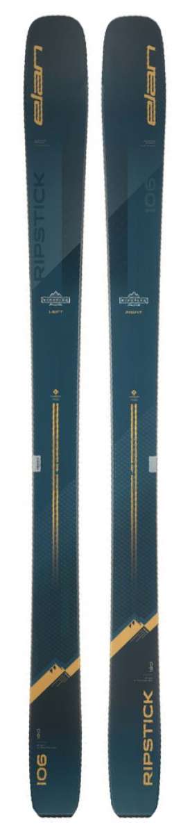 Elan Ripstick 106 Flat Ski 2022-2023 - A dark gray ski with a yellow logo and text on top, featuring a flat shape.