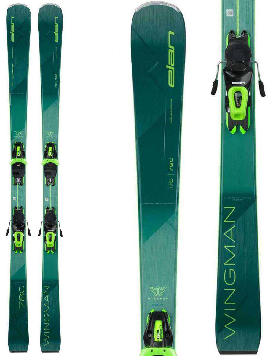 Elan Wingman 78 C PS System Ski With EL 10.0 Ski Bindings - A pair of skis with a green base and black bindings, featuring the brand name "elan" in yellow on top.